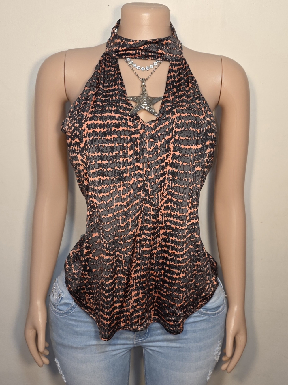 Allison Joy Black & Coral Animal Print Halter Keyhole Printed Camisole